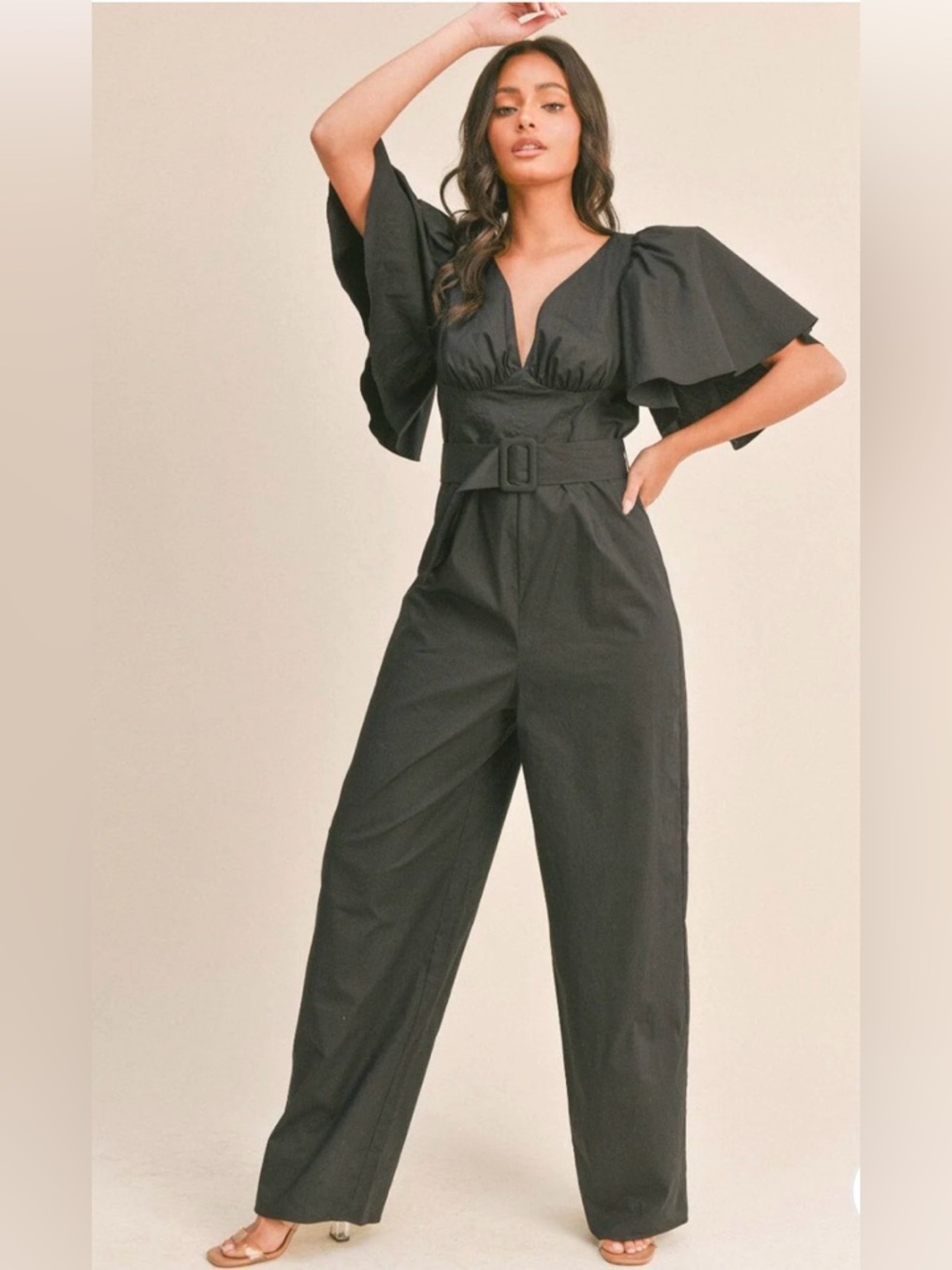 Lilly NEW Short Puff Sleeve V-neck Belted Wide-Leg Jumpsuit in black - Picture 3 of 6